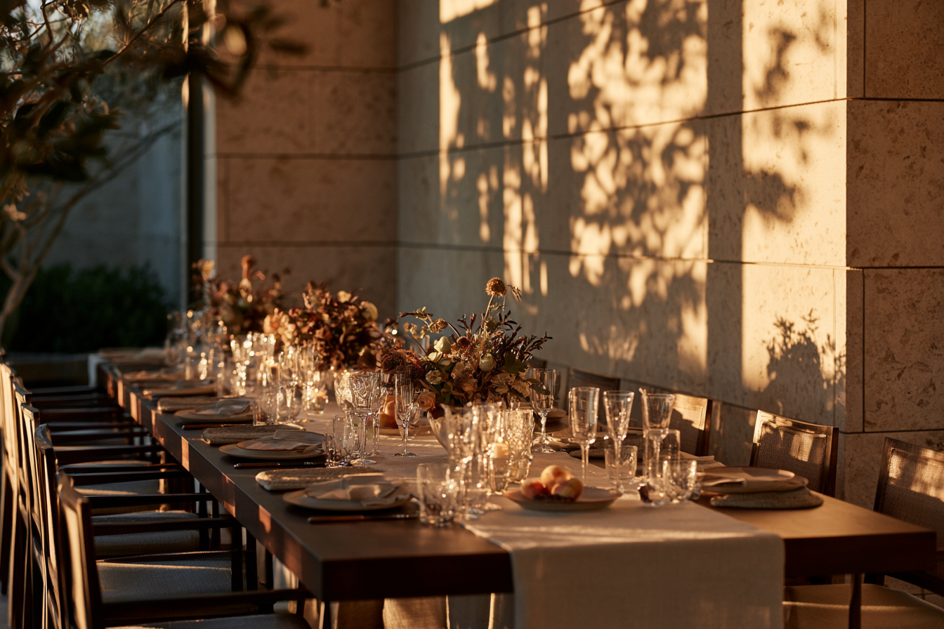 Long dining table set with plates, glasses, floral centerpieces, lit by warm sunlight with shadows on a wall.