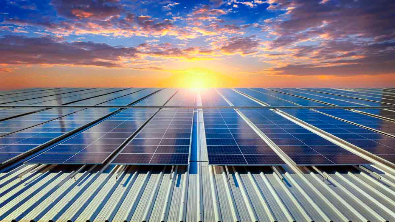 Solar panels at sunset