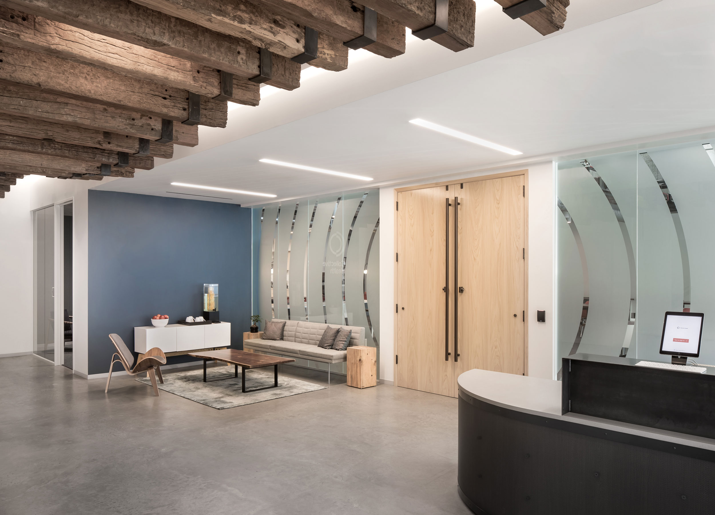 Building lobby with reception desk and seating