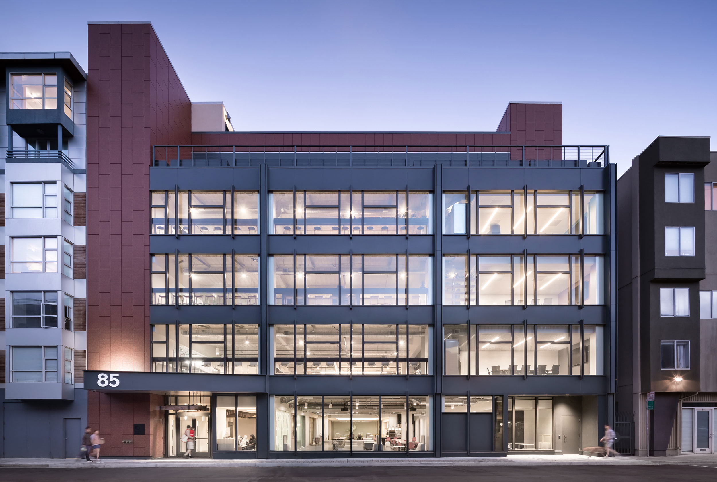Front exterior of 85 Bluxome at dusk