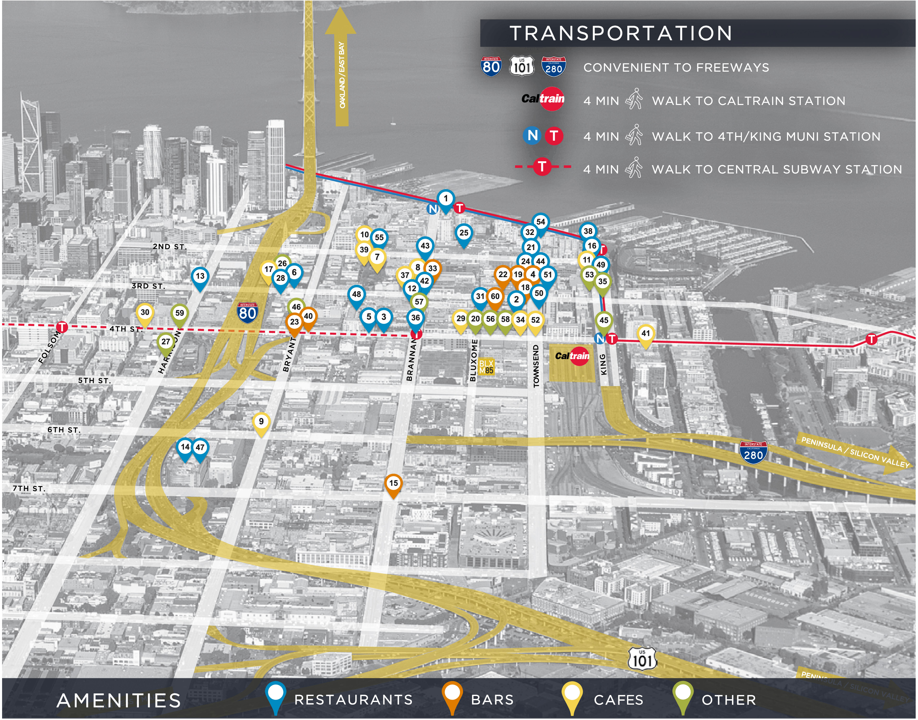 Map of nearby transportation and amenities around 85 Bluxome