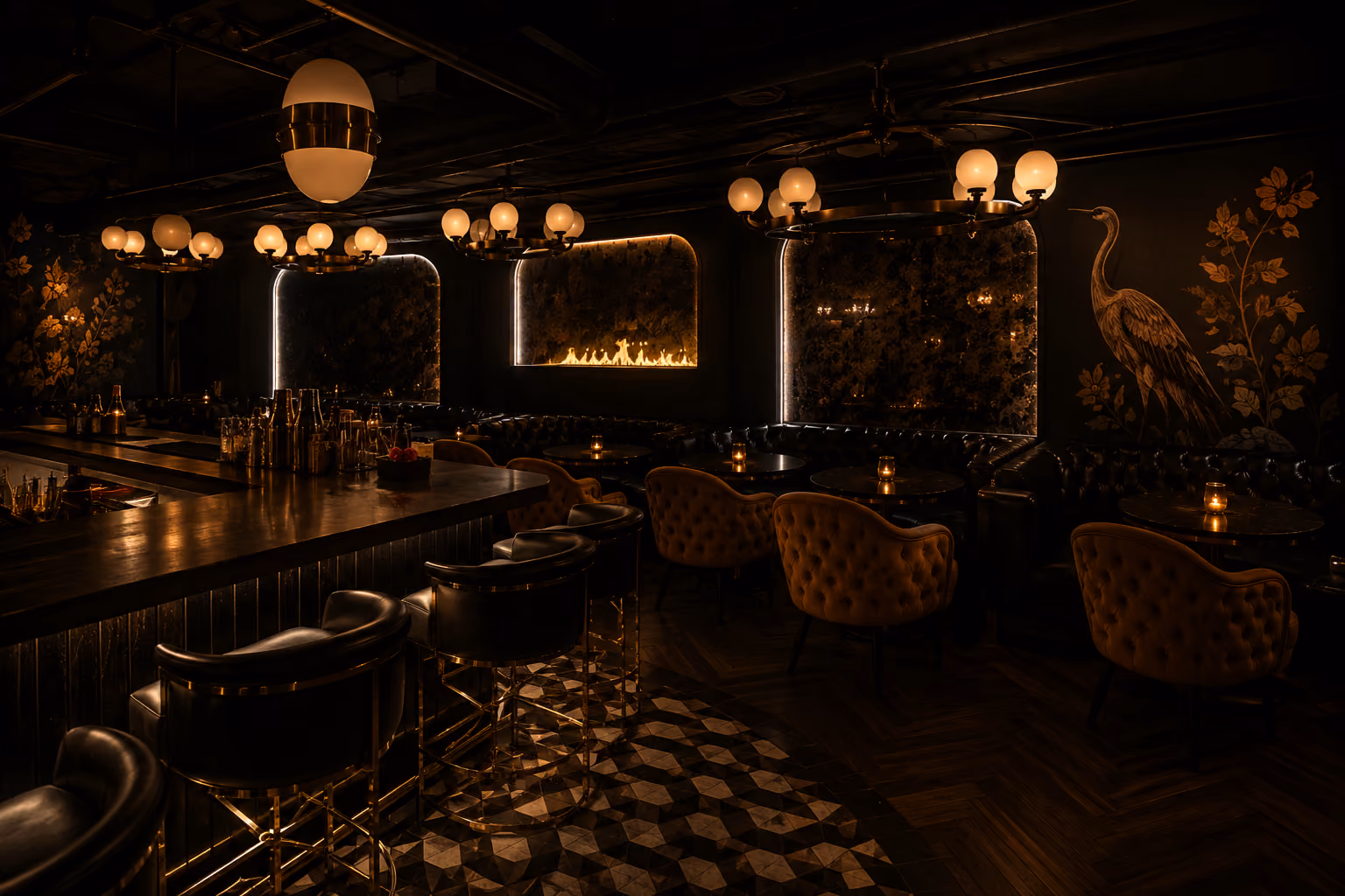 Dimly lit sophisticated bar with round chandeliers, tufted chairs, fireplace, and bird wall art.