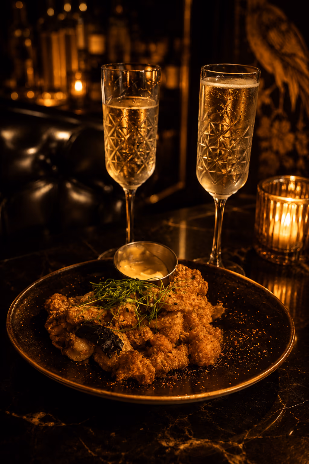 Plate of fried cauliflower with dipping sauce and two glasses of sparkling drink on a dark table.