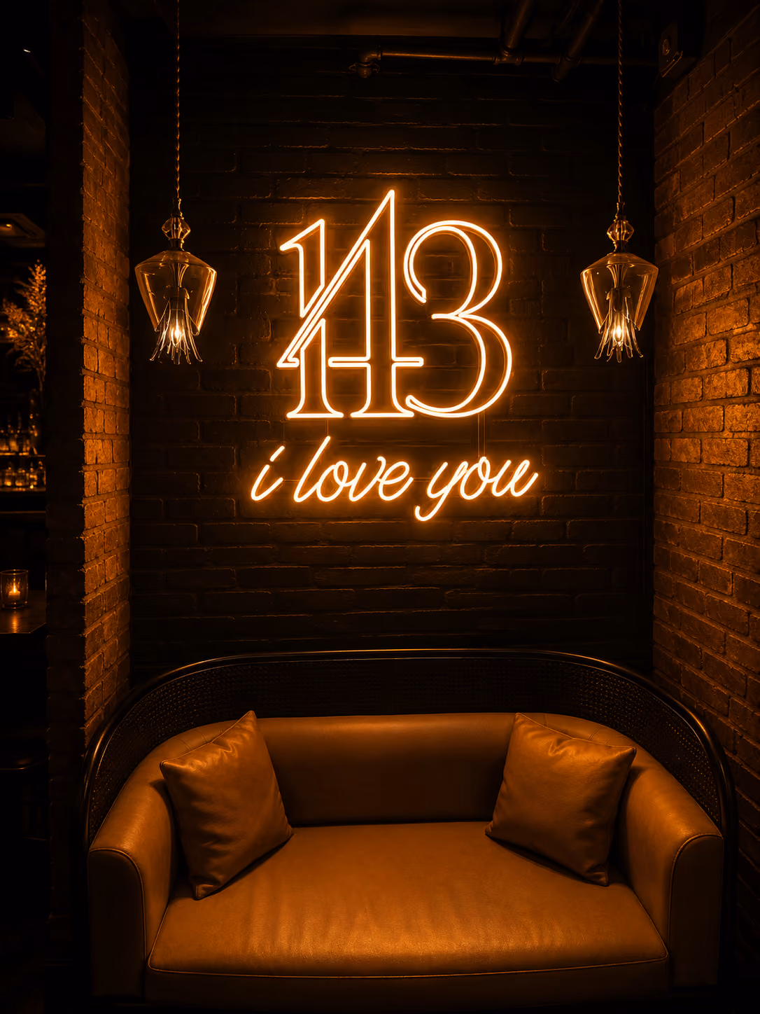 Cozy seating area with a leather couch, two pillows, and neon sign reading '143 i love you' on brick wall.