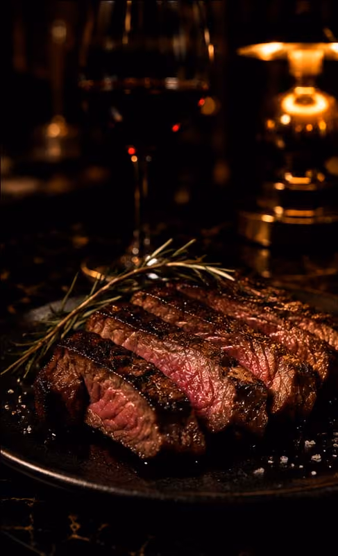 Close-up of sliced medium-rare steak garnished with rosemary on a dark plate.