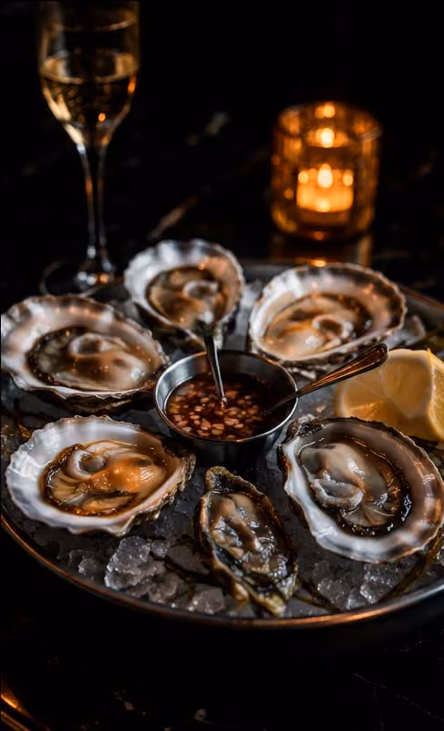Plate of six raw oysters on ice with sauce, lemon wedge, candle, and wine glass in dim light.