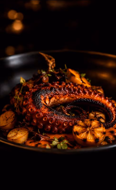 Grilled octopus tentacle with charred lemon halves and herbs on a dark plate.