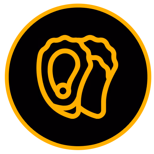 Orange outlined oyster icon inside a black circle with orange border.