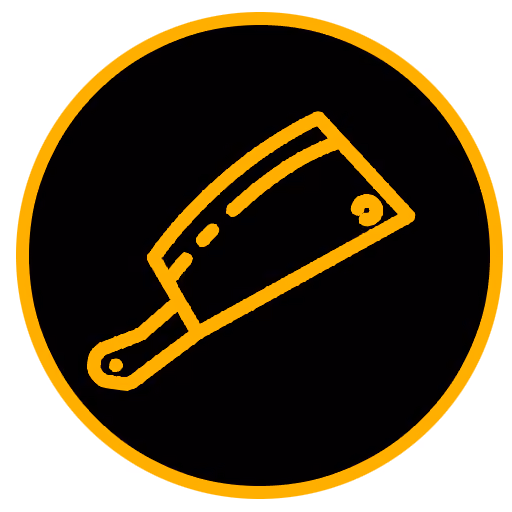 Orange outline of a cleaver knife inside a black circle with orange border.