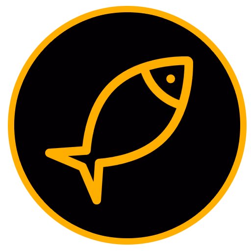 Orange fish icon outline inside a black circle with orange border.
