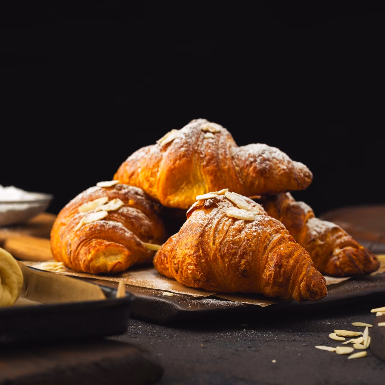 A stack of croissants on a wooden table.