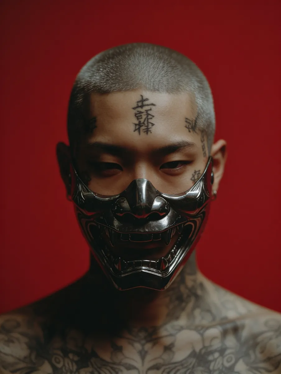 Portrait of a tattooed man with a shaved head wearing a black metallic oni mask against a red background.