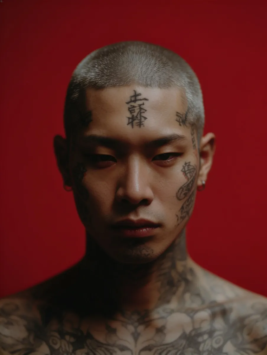Portrait of a serious young man with a shaved head and multiple face and neck tattoos against a red background.