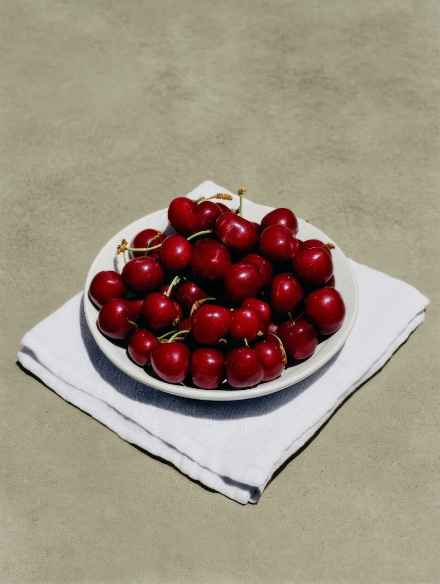 White bowl filled with shiny red cherries placed on a folded white cloth on a gray surface.