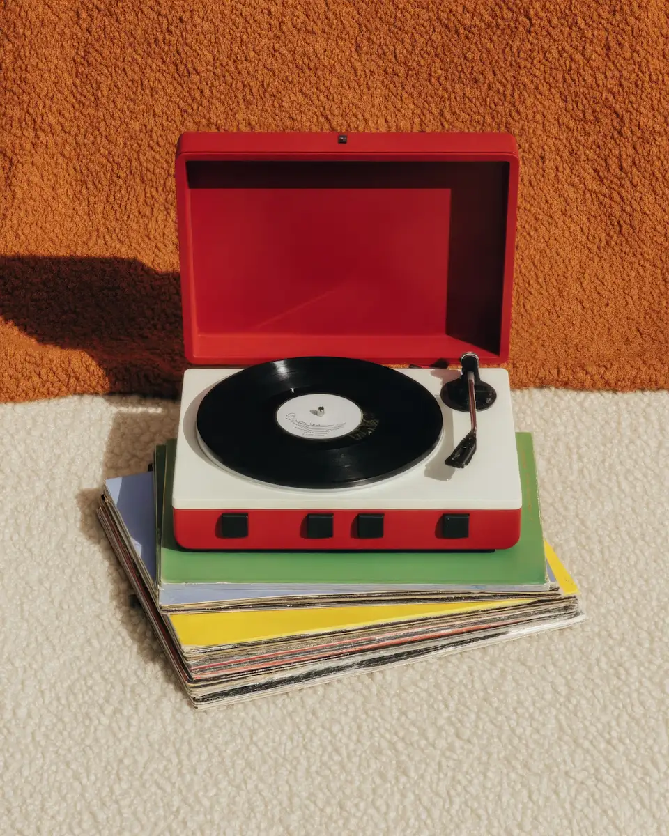 Retro-style red record player with an open lid playing a black vinyl record, placed on a stack of colorful vinyl record sleeves on a textured beige and orange background.