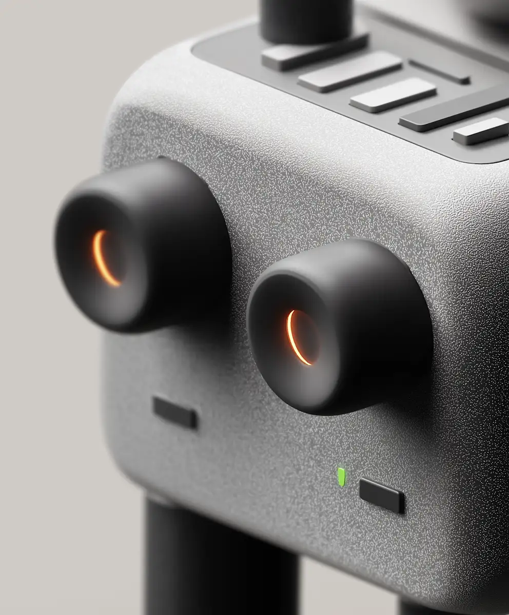 Close-up of a modern device with a textured gray surface featuring two black circular dials with orange crescent lights inside, three rectangular buttons on top, and a small green light indicator on the front.