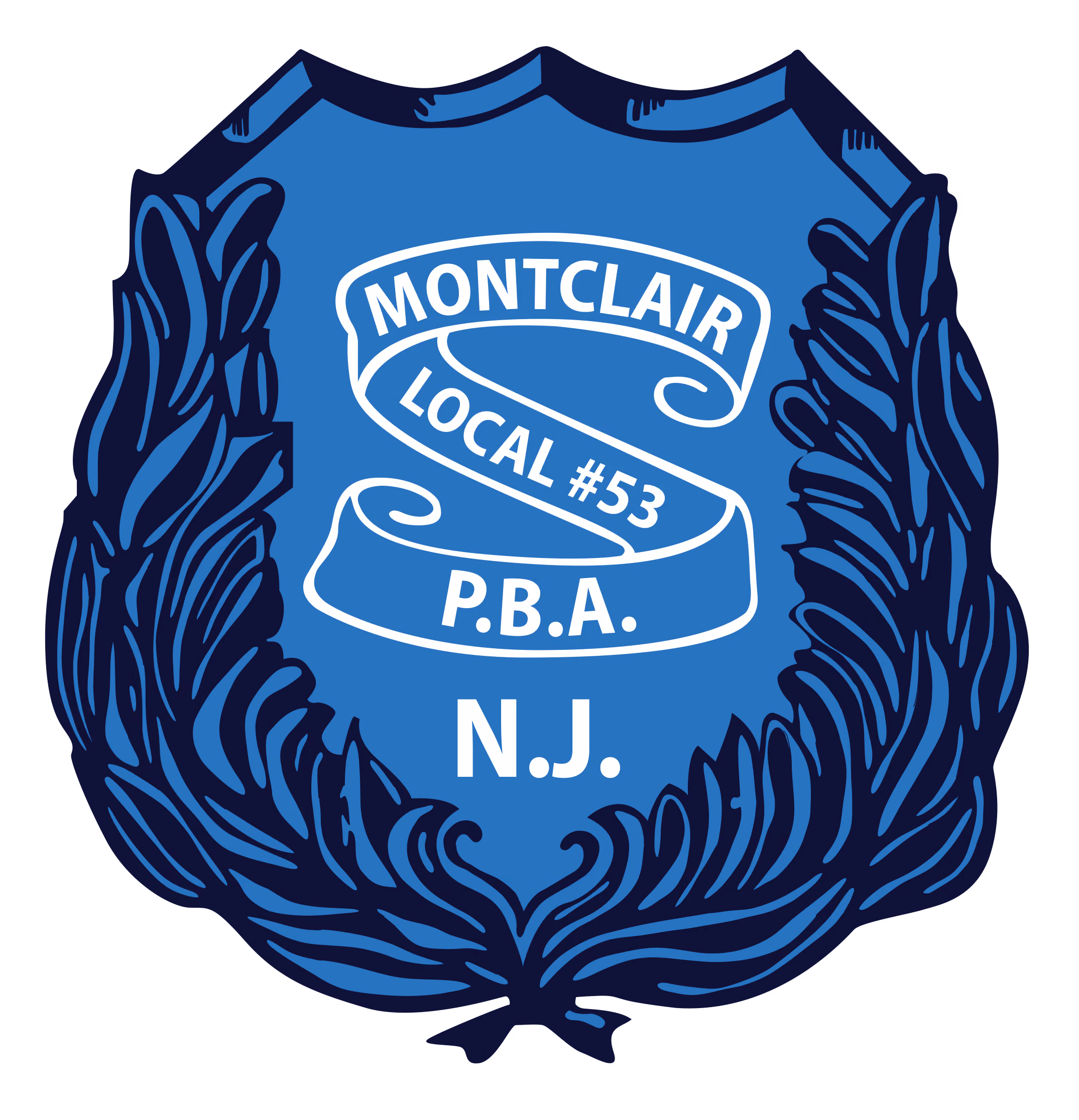 Blue badge with wreath surrounding text Montclair Local #53 P.B.A. N.J.