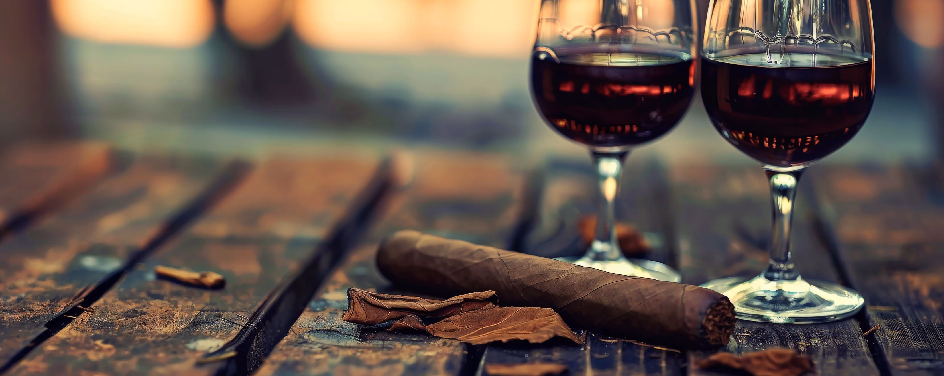 Two glasses of red wine and an unlit cigar placed on a rustic wooden table with dried tobacco leaves scattered around.