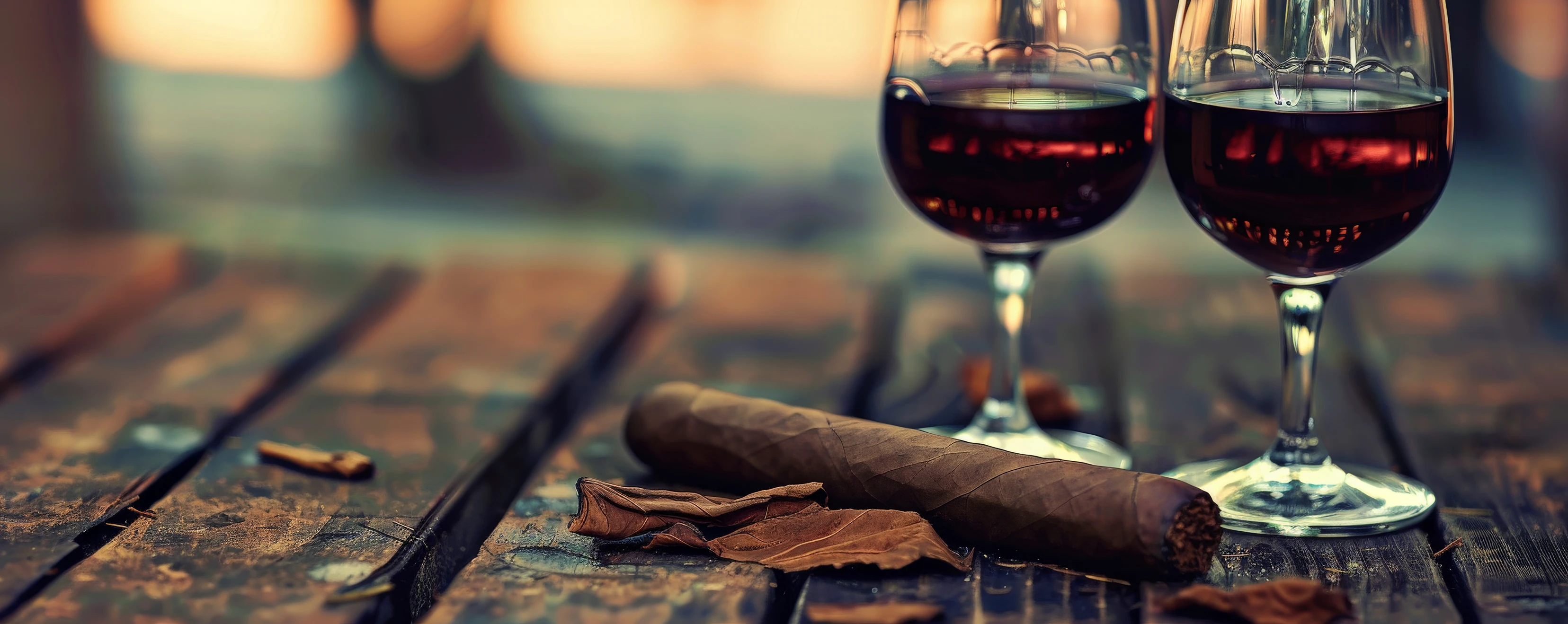 Two glasses of red wine and an unlit cigar placed on a rustic wooden table with dried tobacco leaves scattered around.