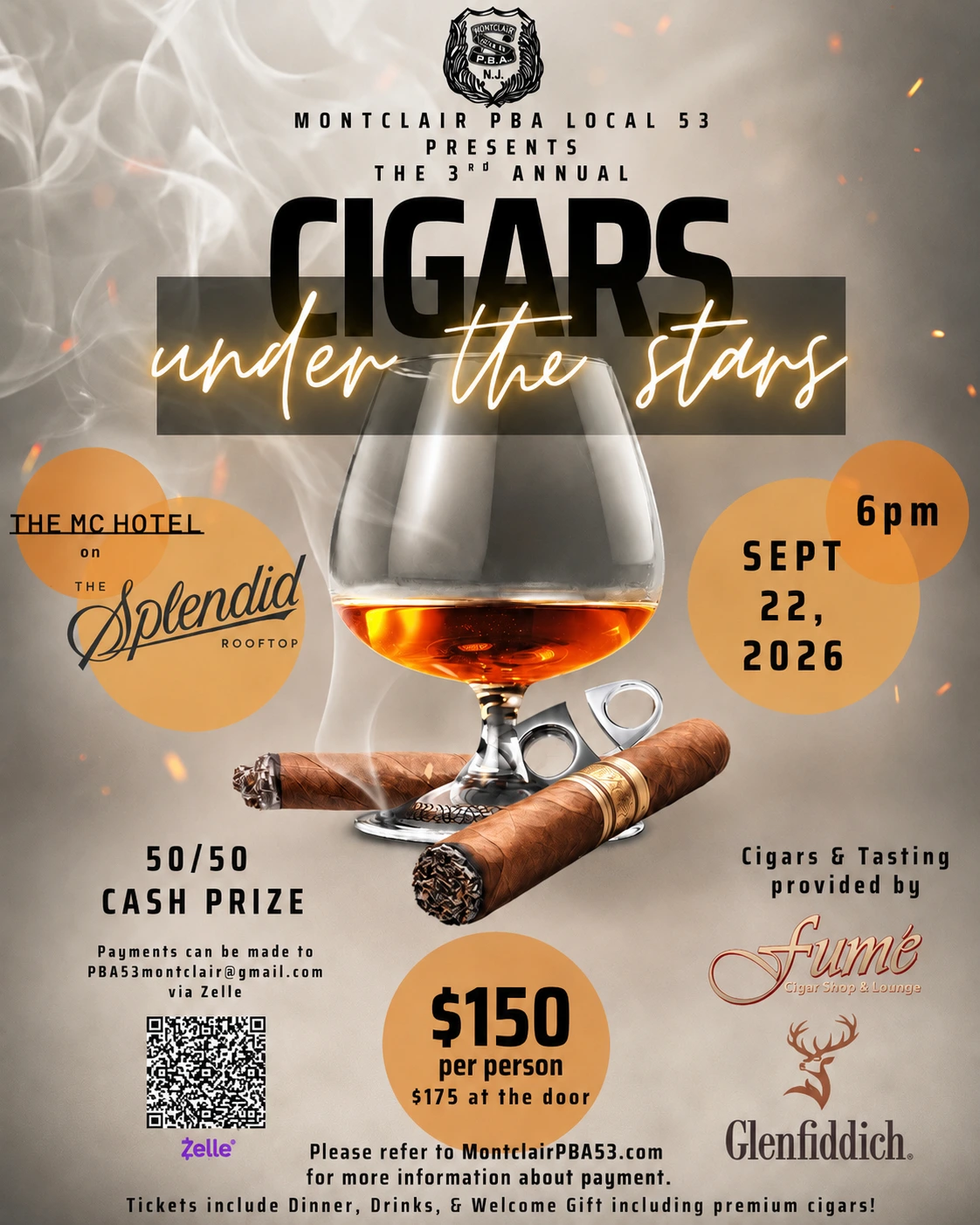 Flyer for Montclair PBA Local 53's 3rd Annual Cigars Under the Stars event on Sept 22, 2026, 6 pm at The MC Hotel rooftop. Features two lit cigars and a glass of amber drink with a cigar cutter. Tickets cost $150 per person, $175 at the door, including dinner, drinks, and premium cigars. 50/50 cash prize available. Payments via Zelle to PBA53montclair@gmail.com. Cigars and tasting provided by Fumé Cigar Shop & Lounge and Glenfiddich.