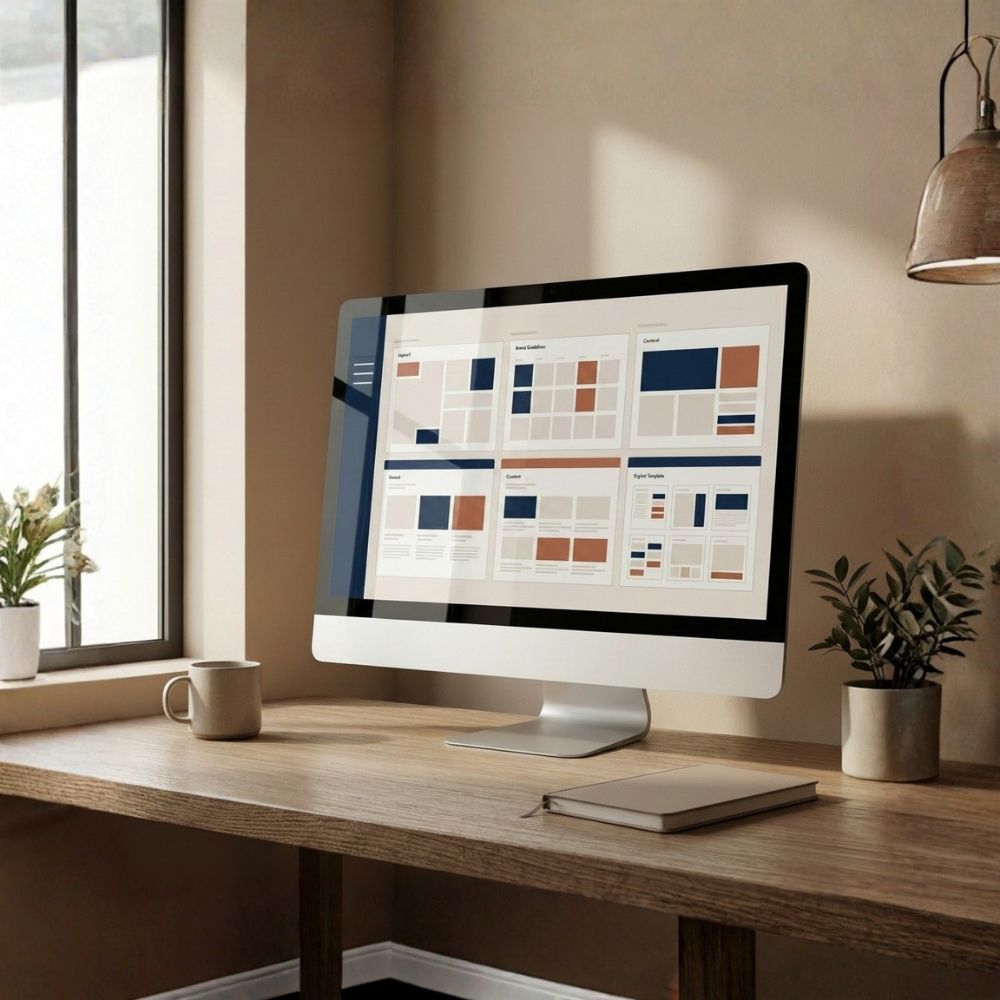 Document layouts displayed together on a studio monitor
