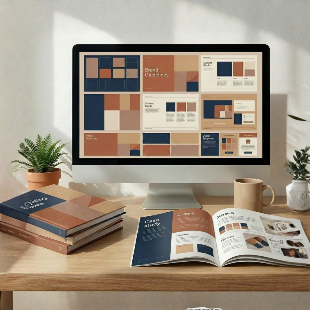 An editorial design workspace with a publication and brand-aligned layouts