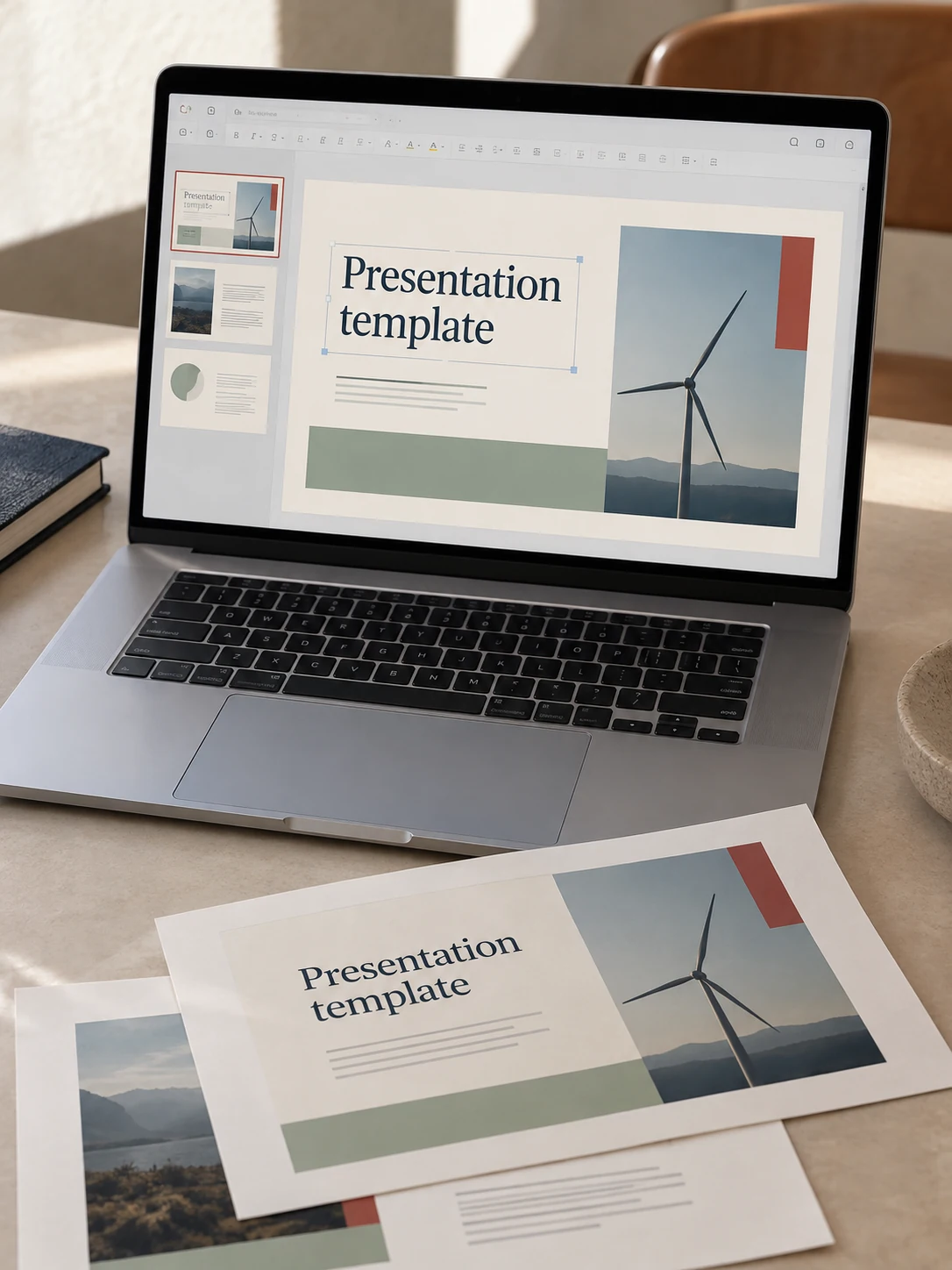 Editable presentation template on a laptop with matching printed layouts