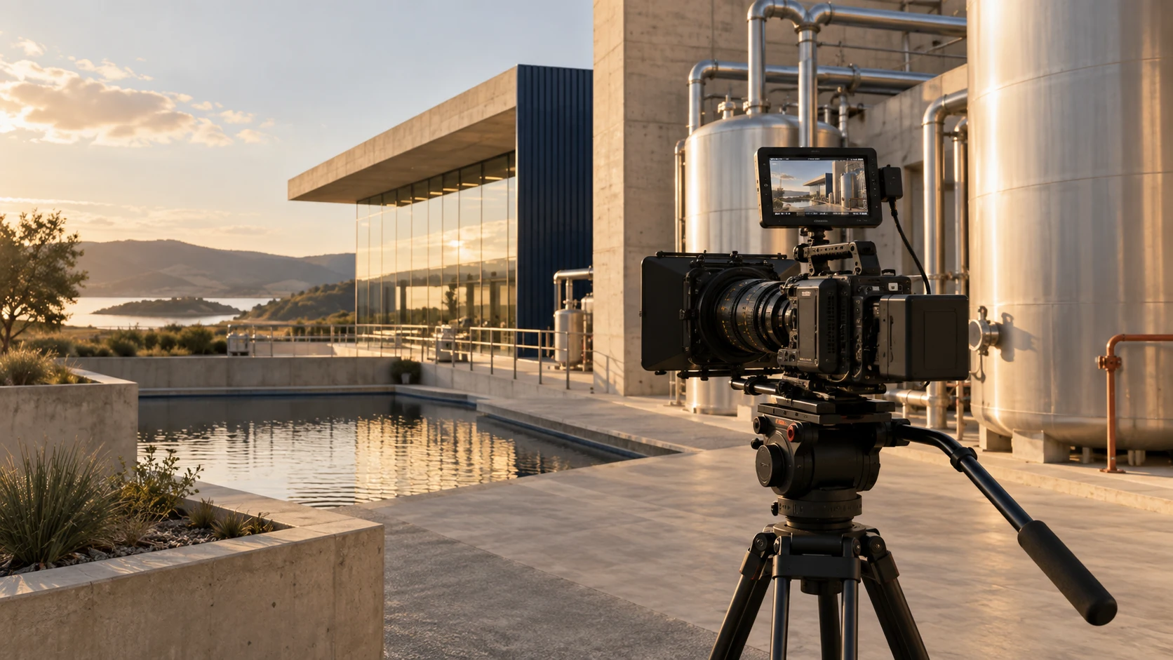 A camera filming an industrial facility