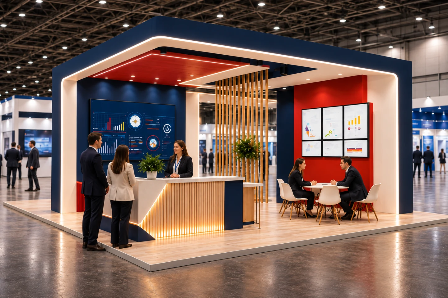 Visitors and a company team meeting at the exhibition stand