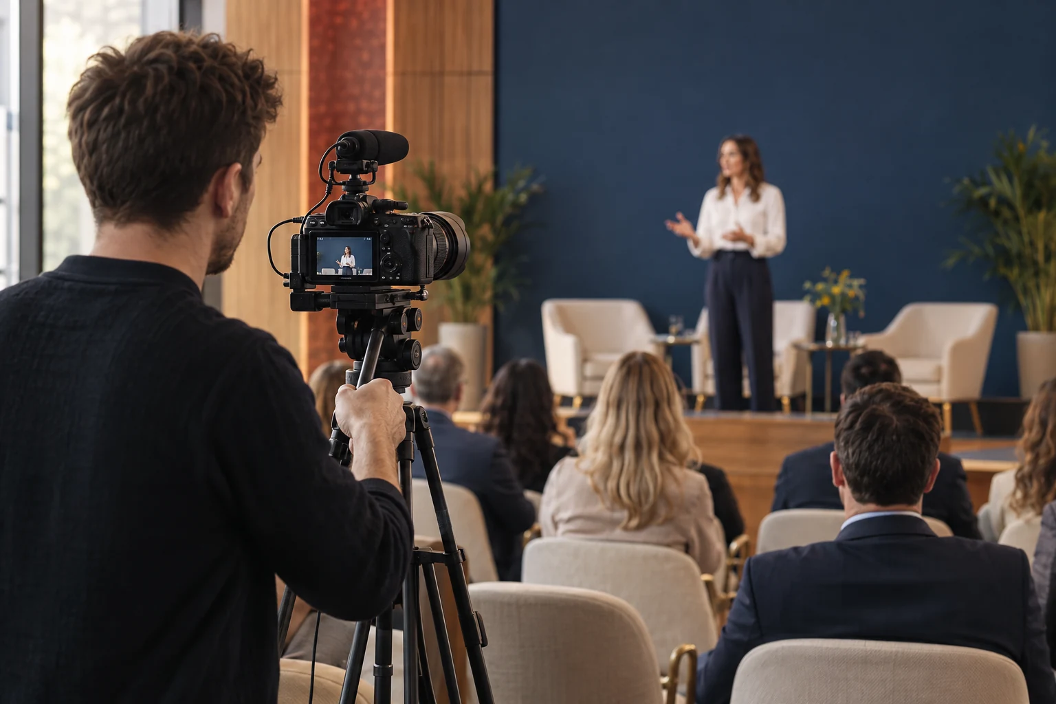 A camera operator filming a speaker at a corporate event