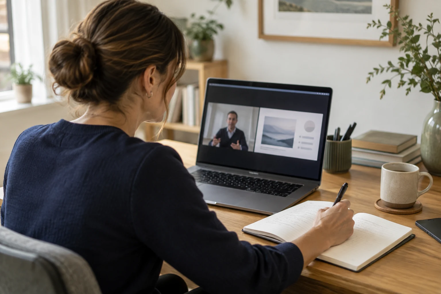 A participant watching a webinar and taking notes