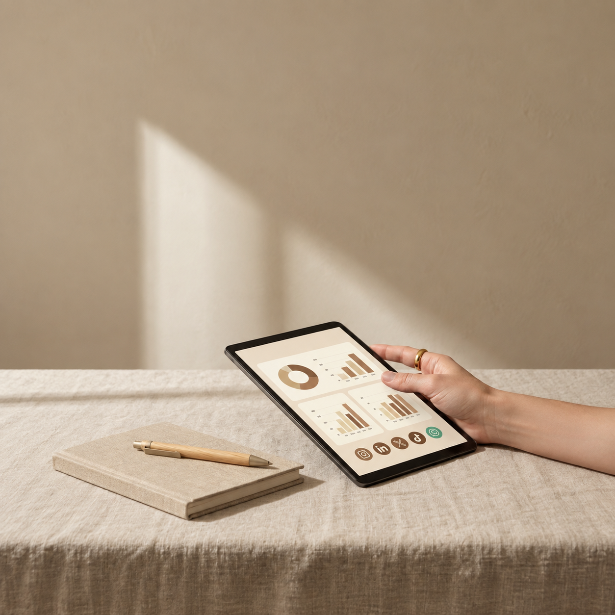 A hand holding a tablet displaying analytics beside a notebook