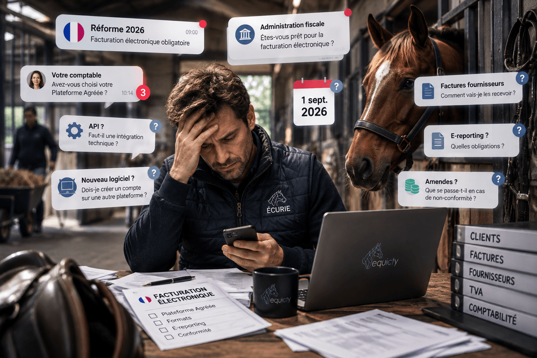 Responsable d'écurie confronté aux questions sur la réforme française de la facturation électronique 2026 (visuel de campagne officiel français)