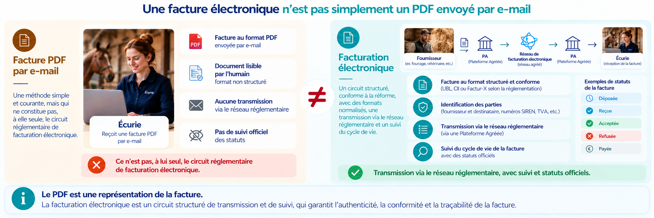Comparison (in French) between a PDF invoice sent by e-mail and an electronic invoice transmitted through the French regulated network