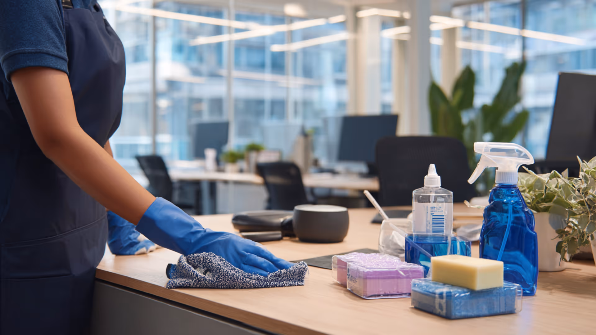 A person in a blue uniform cleaning a desk with a cloth in an office setting. Nearby items include cleaning supplies like spray bottles and sponges, along with a plant and a cup on the desk.