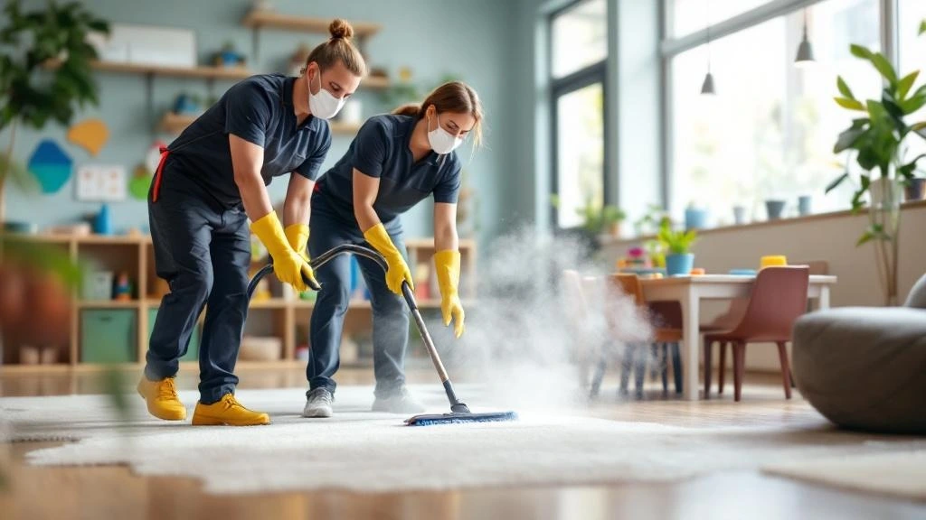 Two cleaning professionals wearing protective masks and gloves steam cleaning a carpet in a sunlit room with modern decor, including children’s furniture and colorful wall art.
