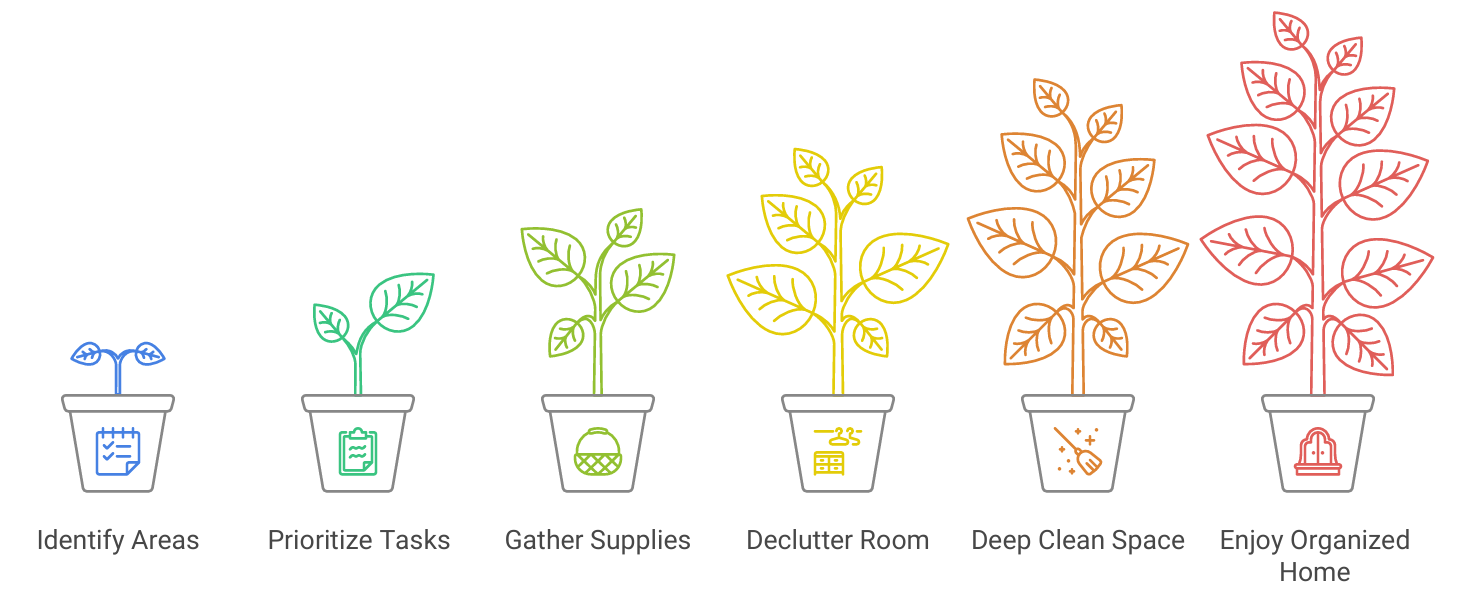 A graphic showing a progression of potted plants, each labeled with steps for organising a home: Identify Areas, Prioritise Tasks, Gather Supplies, Declutter Room, Deep Clean Space, Enjoy Organised Home, illustrating a growth process.