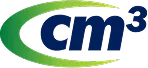 Logo with a green curved shape and blue letters 'cm' followed by a superscript 3, indicating cubic centimeters.