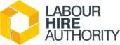 Labour Hire Authority logo with stylized yellow hexagon and grey text.