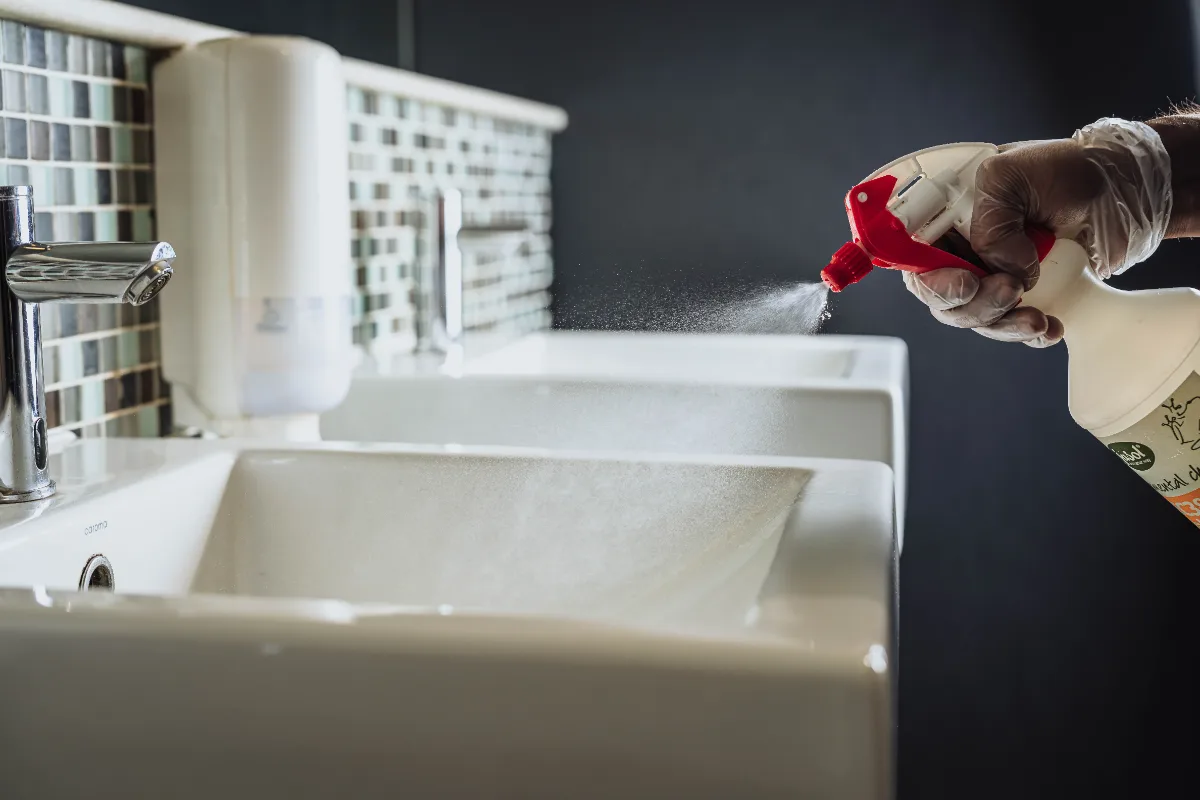 Hand wearing a glove spraying disinfectant cleaner onto a white sink in a bathroom with mosaic tile wall.