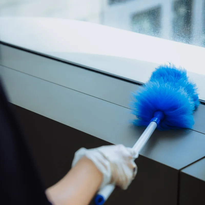 Hand wearing a glove dusting a window sill with a blue duster.