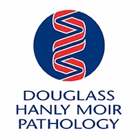 Douglass Hanly Moir Pathology logo with red DNA helix inside a blue circle.