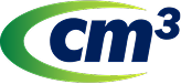 Logo with the text 'cm' and a superscript 3 inside a green and blue curved shape.