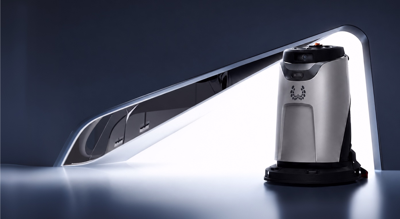 Modern silver and black cleaning robot in a sleek futuristic room with blue and white lighting.