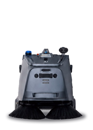 Front view of a gray robotic floor sweeper with dual circular brushes and sensors.