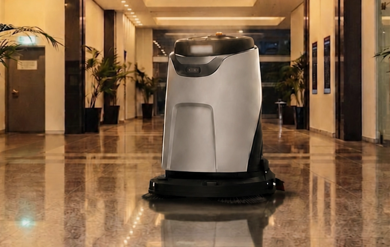 Autonomous floor cleaning robot operating in a polished hallway with plants and lighting.