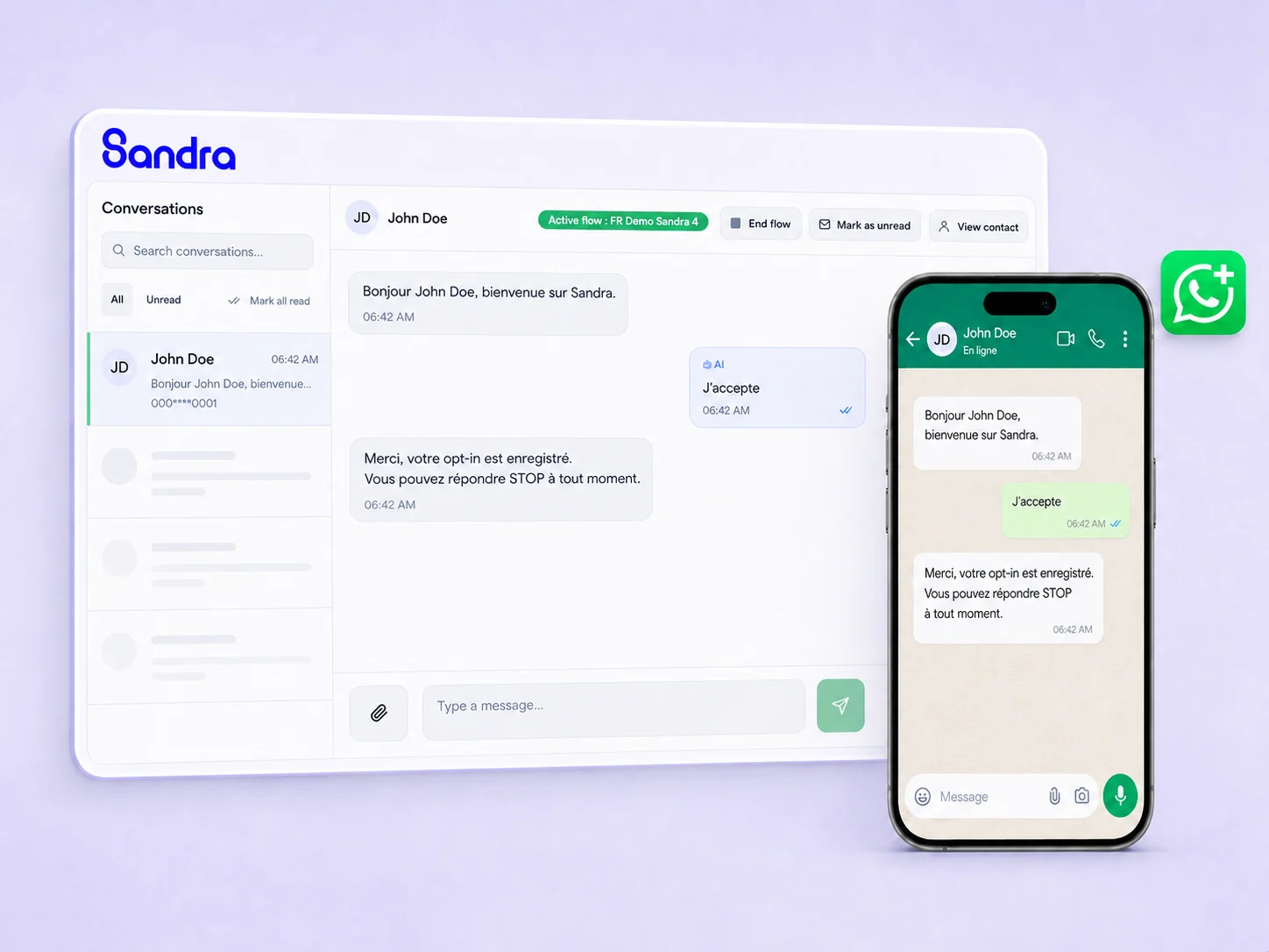 Le même numéro utilisé dans Sandra et dans WhatsApp Business