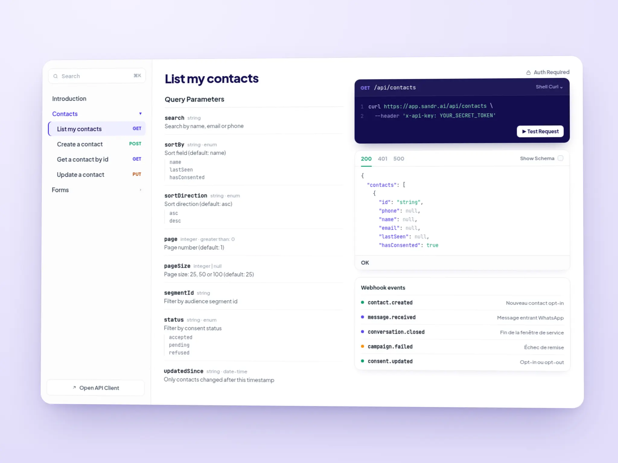 La documentation API Sandra : liste des endpoints, paramètres de requête, exemple d'appel curl et événements webhook