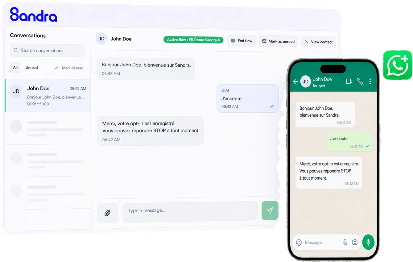 Inbox Sandra et conversation WhatsApp synchronisée