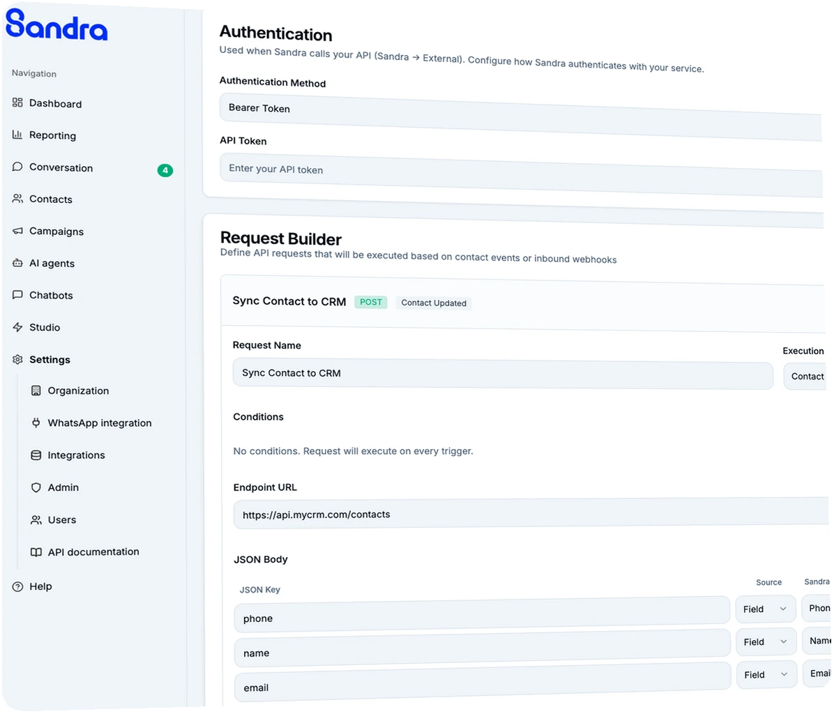 Configuration d'une requête API dans Sandra : authentification, URL d'endpoint et correspondance des champs JSON